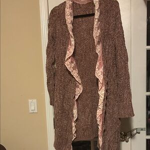 POL Brown Cardigan w/ Pink Lace Small (would fit up to large) New**read notes